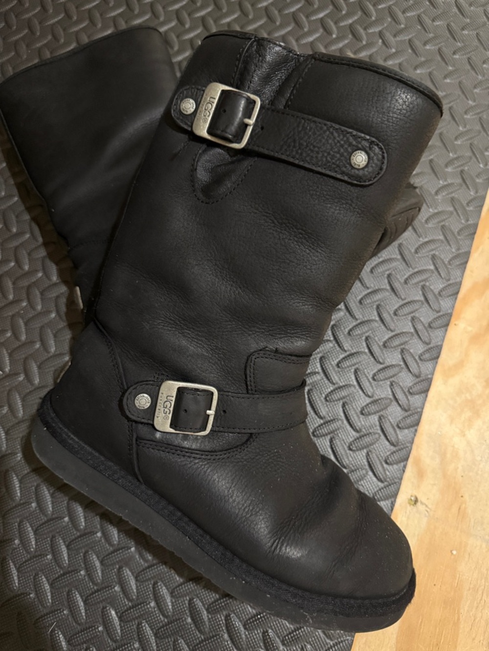 UGG Black Leather Mid-Calf Buckle Boots with Silver Hardware